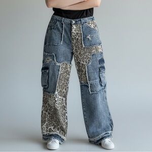 Oli & Hali Denim and Leopard Wide Leg Jeans